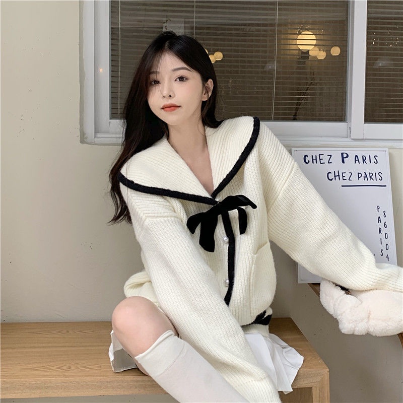 Áo Khoác Sweater Dệt Kim Dày Dặn Đính Nơ Thời Trang Thu Đông Hàn Quốc Mới