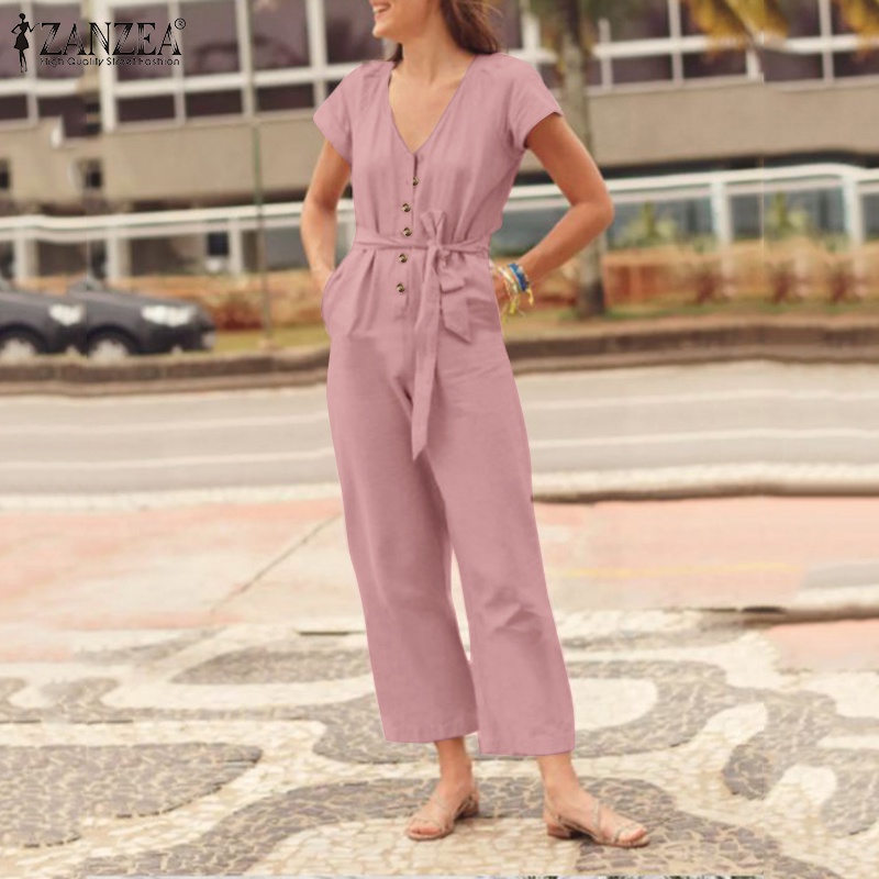 Zanzea Áo liền quần Ngắn Tay Cổ Chữ V Có Túi Phối Thắt Lưng Tháo Rời Được Phong Cách Châu Âu