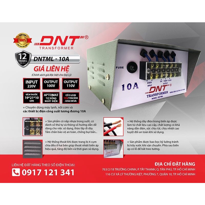Biến áp 220v > 100v 110v 10A DNT