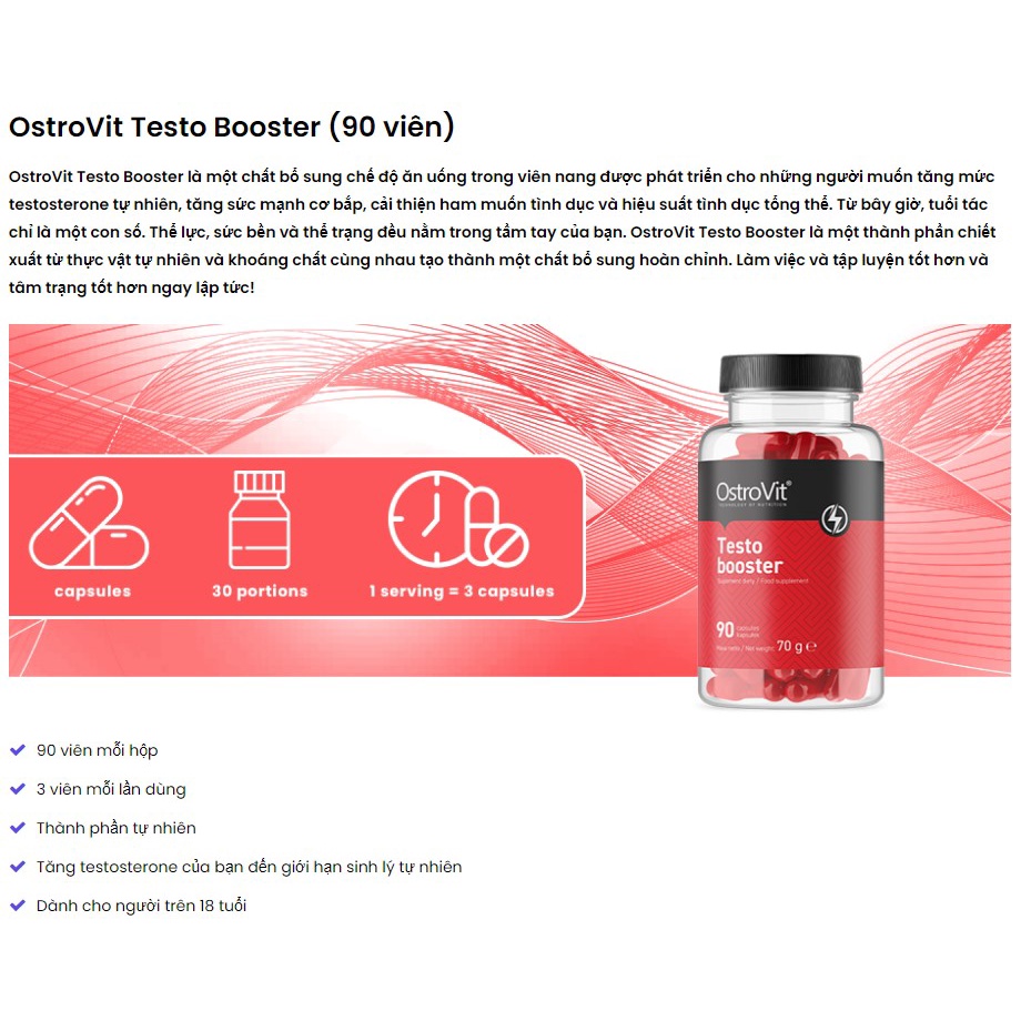[Chính hãng] Ostrovit Testo Booster (90viên), Tăng Cường Sinh Lý, Testosterone Nam Giới, Hỗ Trợ Phát Triển Cơ Bắp