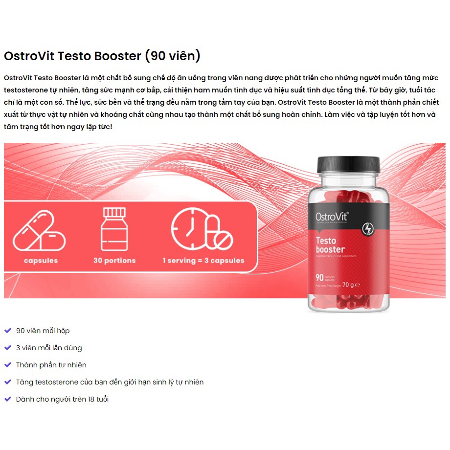 Ostrovit Testo Booster , Tăng Cường Sinh Lý, Testosterone Nam Giới, Hỗ Trợ Phát Triển Cơ Bắp