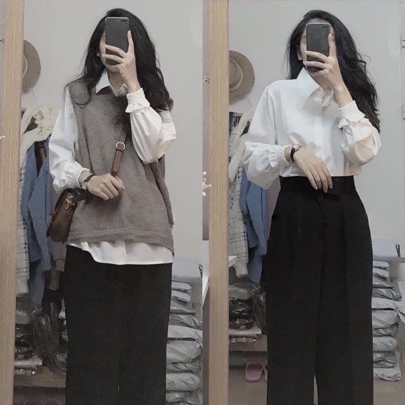 Áo sơ mi nữ trắng đi học tay dài bo nhúm cổ bẻ basic form rộng vừa - Sơ mi đi học sinh nữ trắng tay dài 002