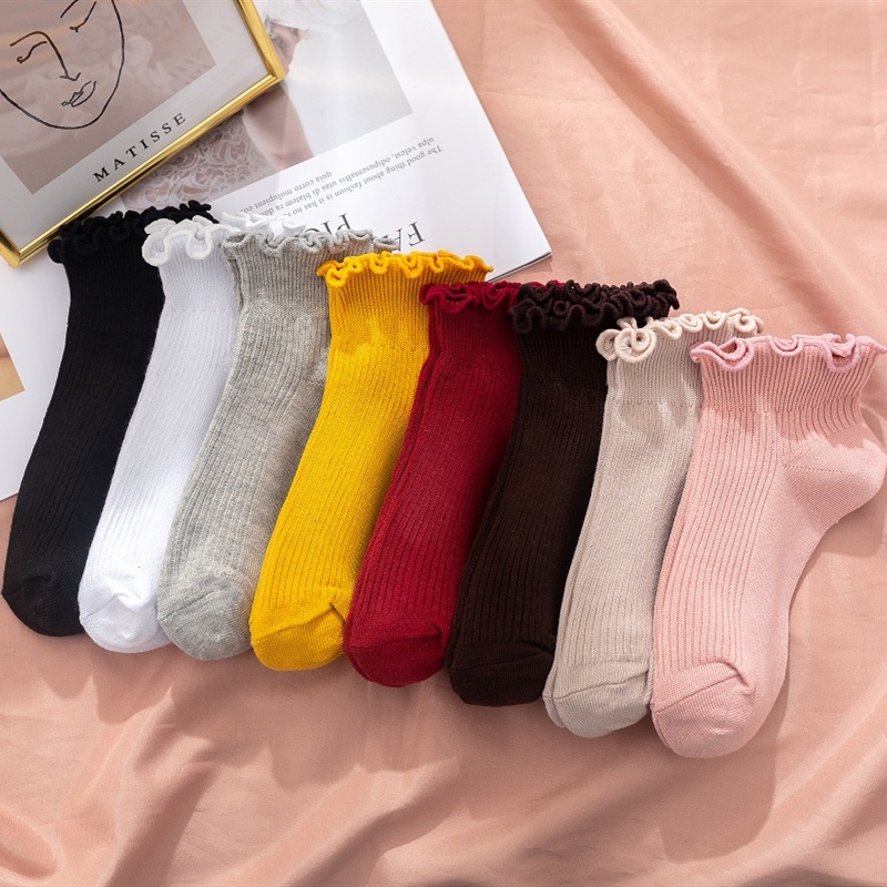 TIAN TIAN T065 Tất nữ cổ ngắn Sản phẩm cao cấp Vớ Cotton trơn dáng rộng miệng nông miệng nông phối ren màu kẹo ngọt kiểu Nhật Hàn Hàn Quốc