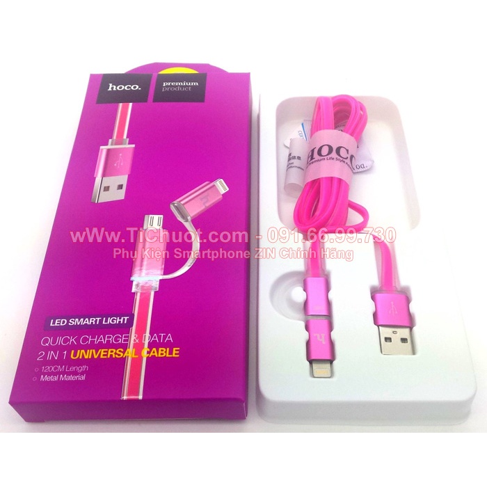 Cáp HOCO UPL08 2in1 Light.ning &amp; MicroUSB Đầu Bọc Nhôm Có LED Báo Sạc