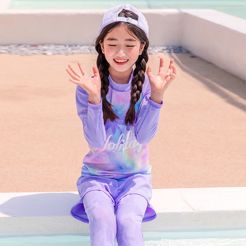 Bộ Đồ Bơi 2 Mảnh Tay Dài In Họa Tiết Xinh Xắn Thời Trang Đi Biển Cho Bé Gái