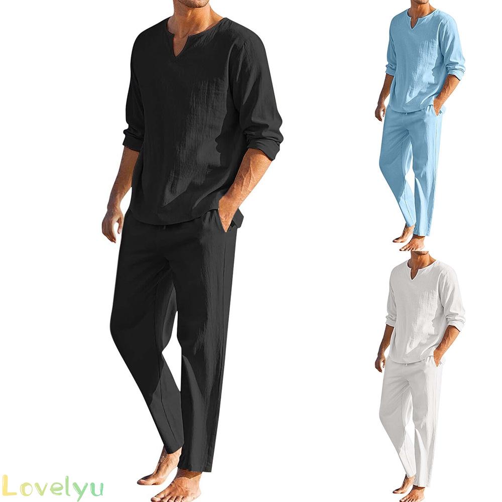 &lt;READY STOCK&gt;Men Shirt Pants 2-Pieces Set Cotton Linen Long Sleeve Solid Color V Neck100% brand new！