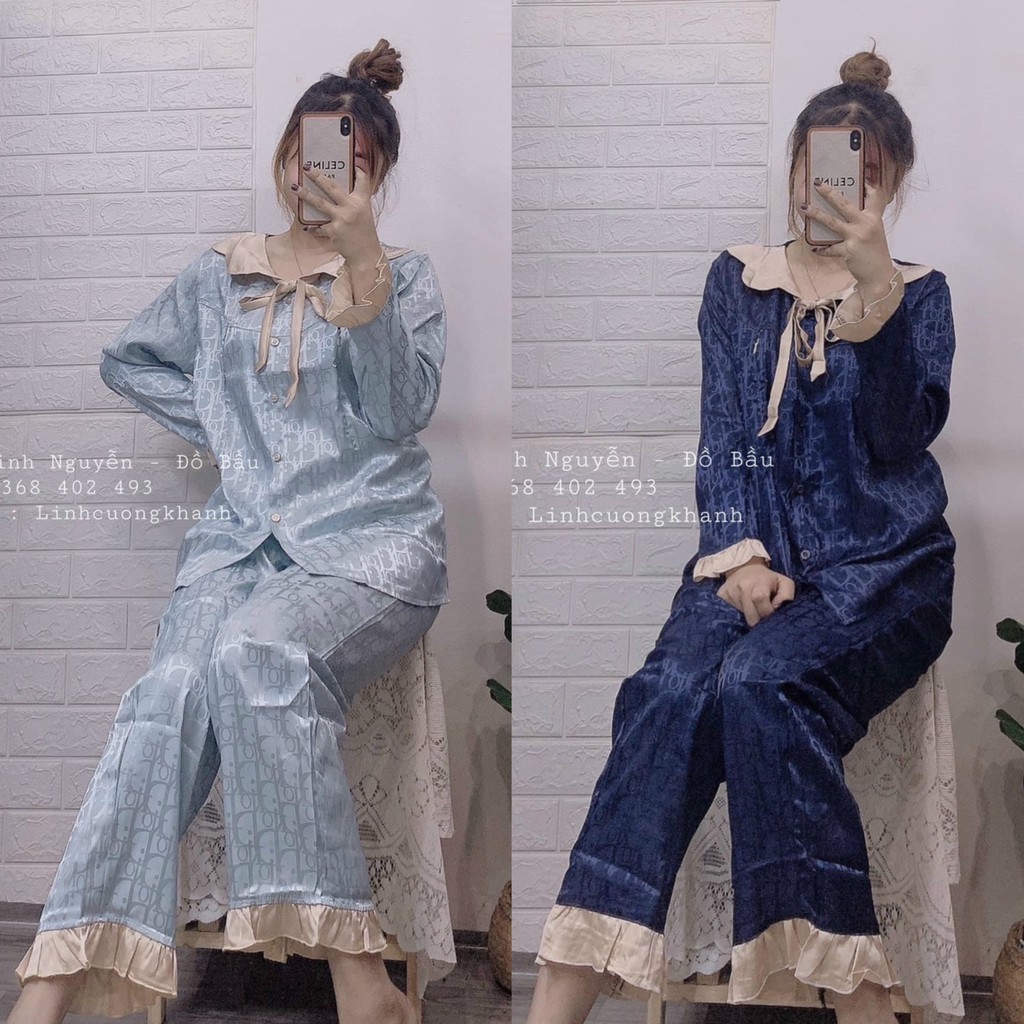 Bộ Pijama Bầu Lụa Gấm Có Cổ, Bộ Bầu Và Sau Sinh 2 Chức Năng Kết Hợp Cho Con Bú Dài Tay HT4619 Honey Mommy