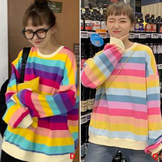 Áo thun tay dài dáng rộng kẻ sọc màu cầu vồng phong cách Hàn Quốc thời trang