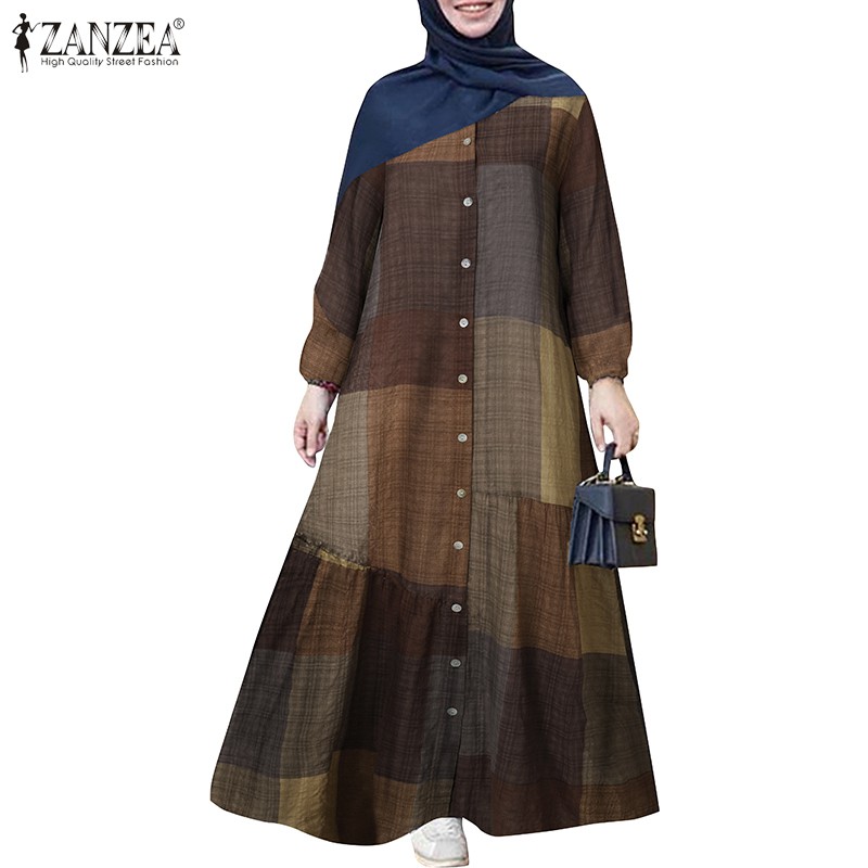 Đầm Sơ Mi ZANZEA Tay Dài Kẻ Sọc Vuông Trẻ Trung Cho Nữ