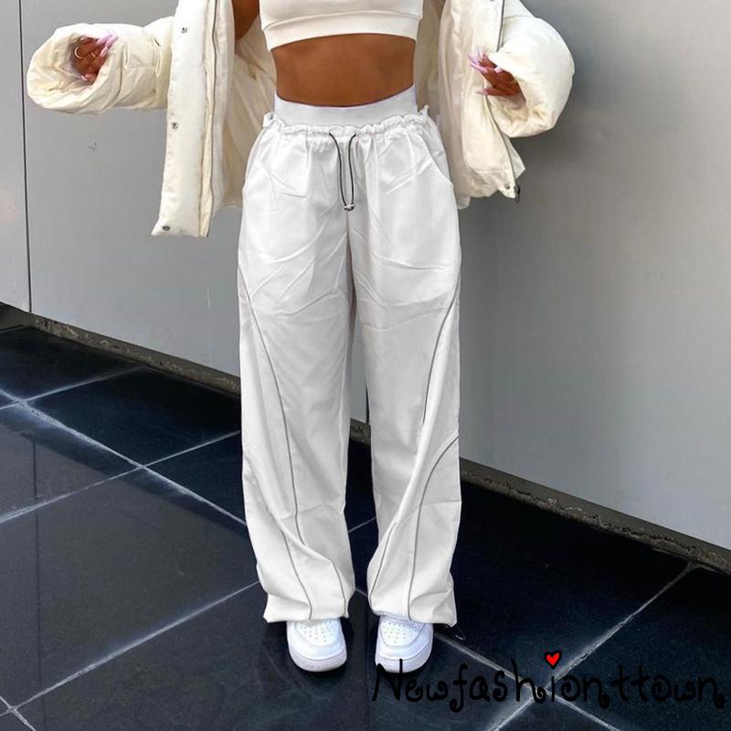 Nfashion-y2k Quần Baggy Joggers Lưng Cao Co Giãn Ghép Vải Sọc Tương Phản Phong Cách Hippie Đường Phố Cho Nữ