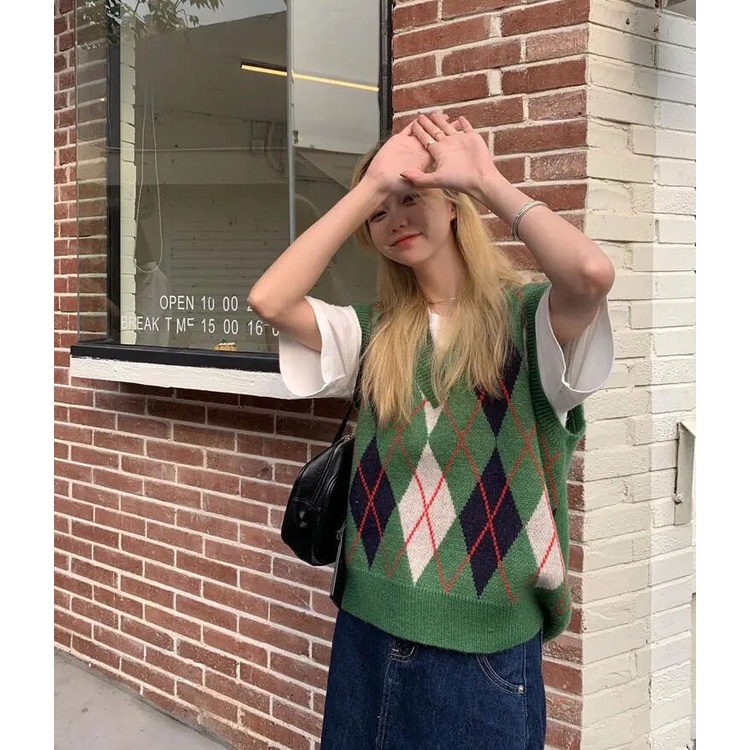 Áo gile len nữ phối màu kẻ caro to Freesize phong cách cá tính thời trang Hàn Quốc mùa thu đông M143HD | BigBuy360 - bigbuy360.vn