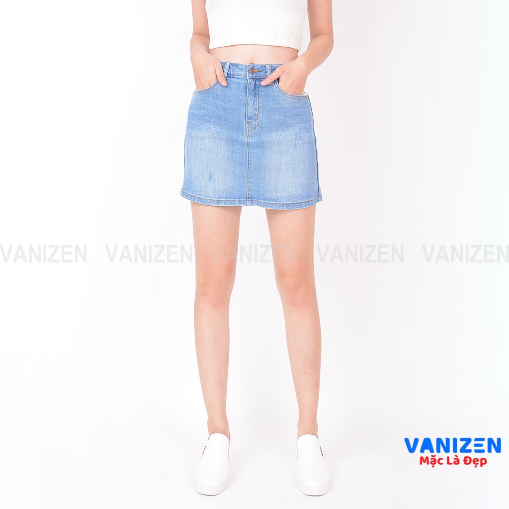 Chân váy jean nữ có quần bên trong đẹp lưng cao cạp cao xước nhẹ gấu căn bản hàng hiệu cao cấp mã 457 VANIZEN