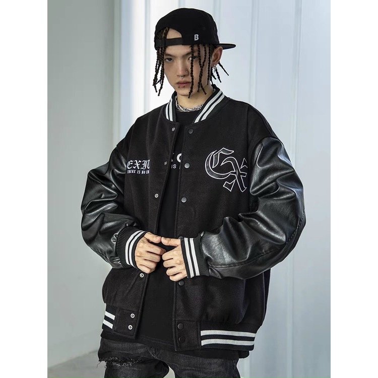 Áo Khoác Bomber Jacket Phối Da Nam Nữ Full Đen Unisex Chất Kaki Dày Chữ Thêu
