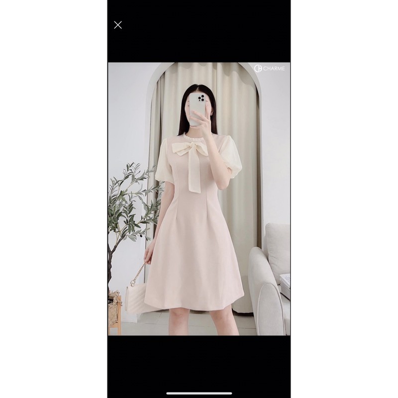 ⚡️BÁN SỈ⚡️Đầm xoè phối tay tơ óng nơ cổ 2 màu đen, be