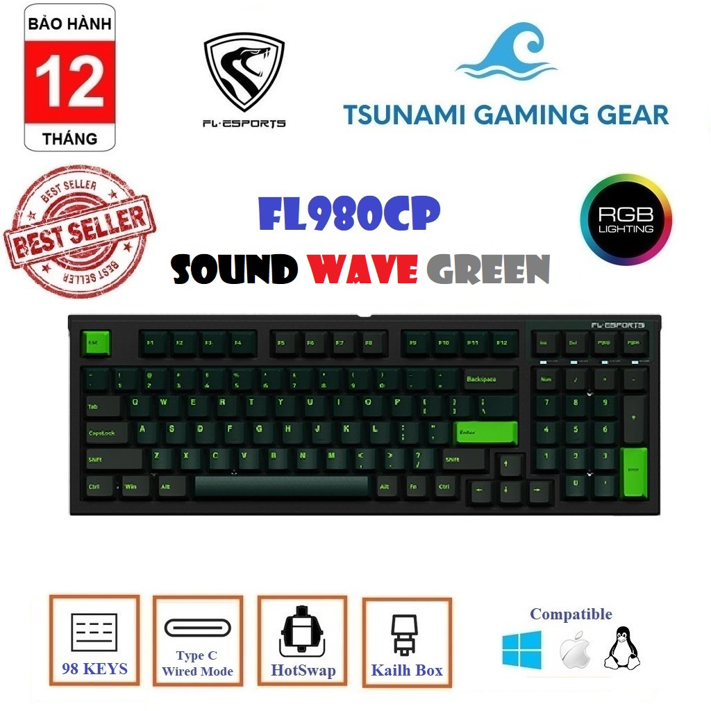 Phím cơ FL-Esports FL980CP Sound Wave Green USB/ Kailh Box Switch/ led RGB/ đệm tiêu âm - BH 12 tháng