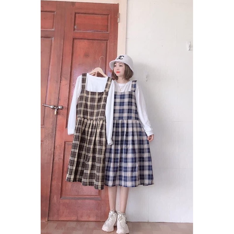 [Rẻ Vô Địch Set Váy Yếm Kẻ Caro Mới + Áo CroptopTay Bồng Ullzzang Ảnh Thật