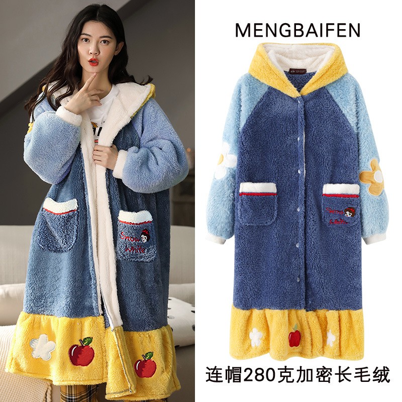 Áo Choàng Ngủ Vải Flannel Lông Cừu San Hô Có Mũ Trùm Đầu Dáng Dài Thời Trang Mùa Đông Cho Nữ