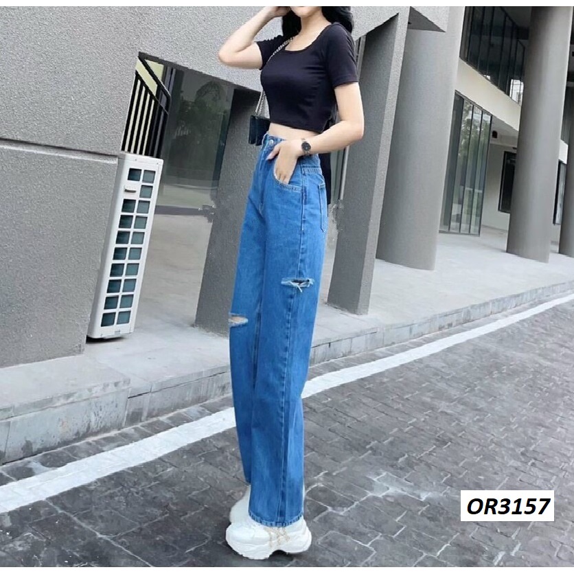 Quần jeans ống suông rộng rách gối OR3157