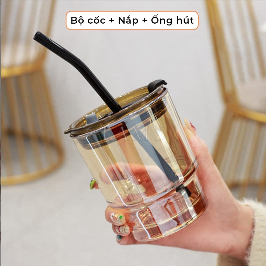 Cốc Thuỷ Tinh Vỏ Da Có Nắp Và Ống Hút, Ly Uống Nước Đẹp Dung Tích 420 và 450ml Chất Liệu Thuỷ Tinh Dày Dặn An Toàn