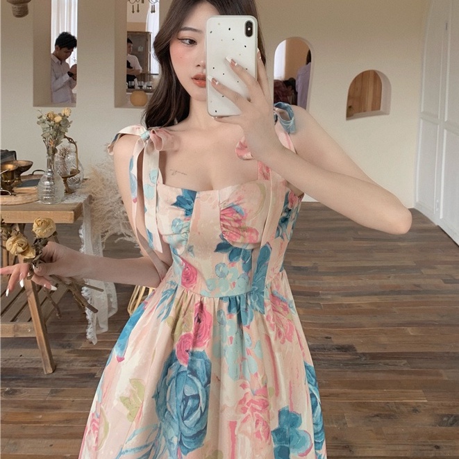 Đầm Hai Dây In Họa Tiết Tranh Sơn Dầu Phong Cách Pháp Cổ Điển Thời Trang Mùa Hè Hàng Mới Dành Cho Bạn Nữ