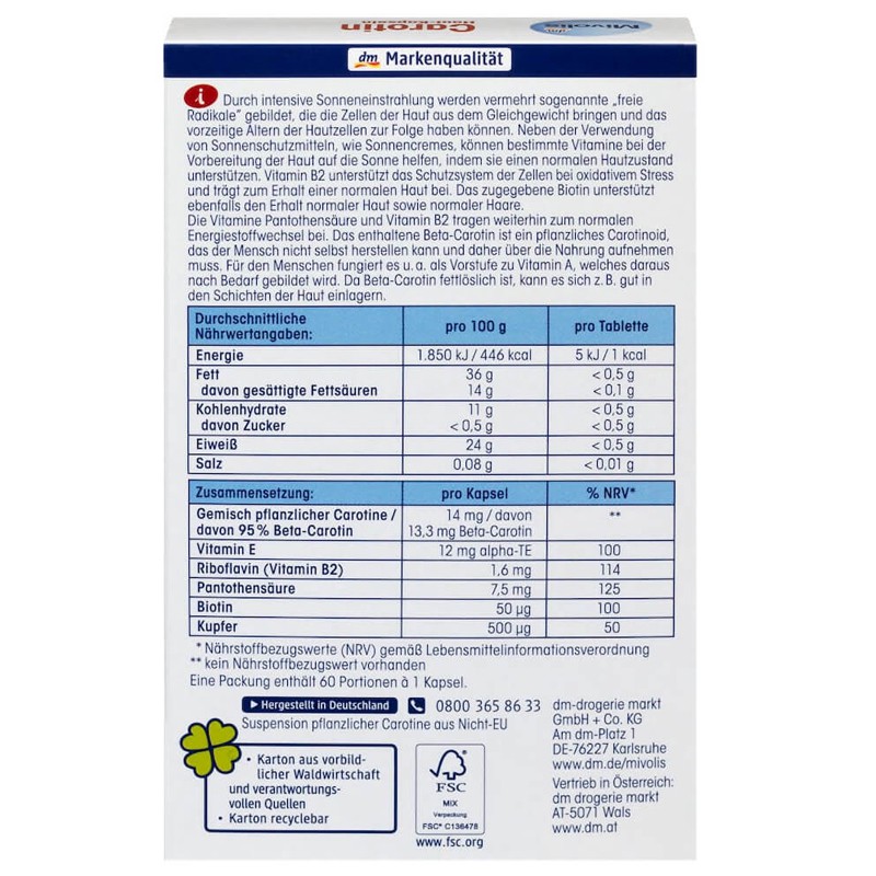 Viên uống chống nắng Carotin Mivolis hộp 60v nội địa Đức - Hàng chính hãng