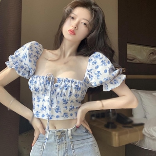 Áo Crop Top nữ Hàn Quốc Áo cổ vuông tay phồng Áo sơ mi hoa tay ngắn buộc dây ngắn Slim Top