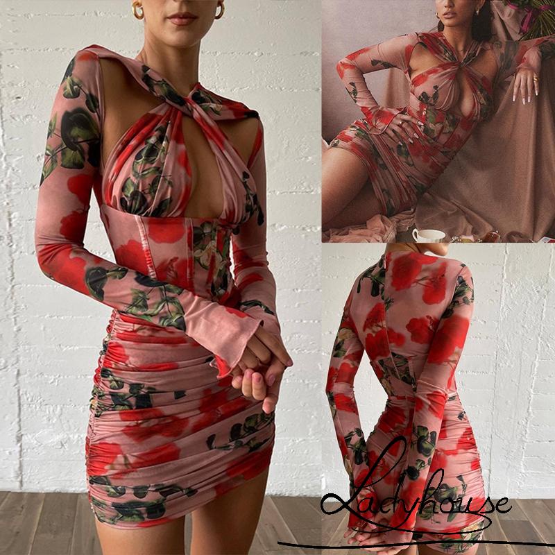 Đầm Dài Tay Màu Trơn / Trơn Họa Tiết Hoa Chéo Thời Trang Cho Nữ