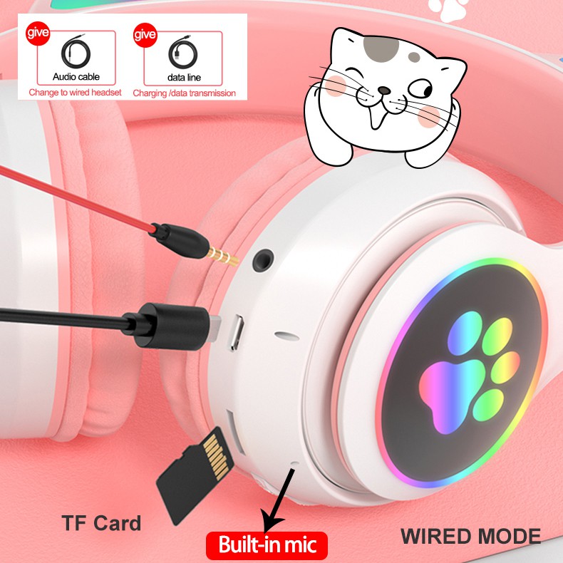 Tai Nghe Mèo Bluetooth không dây hồng tím tai nghe Chơi Game Hình Tai chụp tai có mic Đáng Yêu Kèm Phụ Kiện phụ kiện Tai led nữ trẻ em Cô gái cute Wireless bluetooh Gaming Headphone PC di động Gameming Headset cat ear