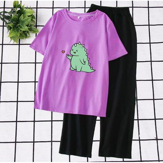 Sét Bộ Quần Áo Nữ Mặc Đi Chơi,Ở Nhà Áo Thun Phông Cotton Organic Ngắn Tay In Khủng Long Bắn Tim Kèm Quần Thun Cát Rộng