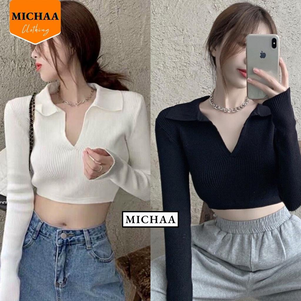 Áo Croptop Cổ Tim Nơ Lưng Thun Gân Nữ Tay Dài Kiểu Ôm Body Sexy Đẹp 2 Màu - MICHAA