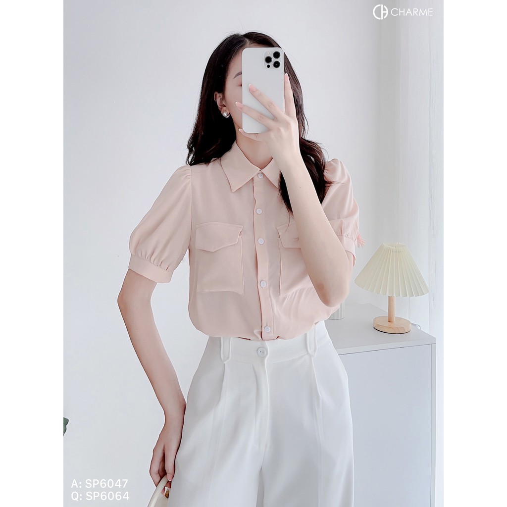 Áo sơ mi nữ thiết kế Charme trơn tay ngắn phối 2 nắp túi 6047