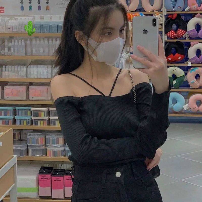 Áo trễ vai gân dây yếm sang chảnh