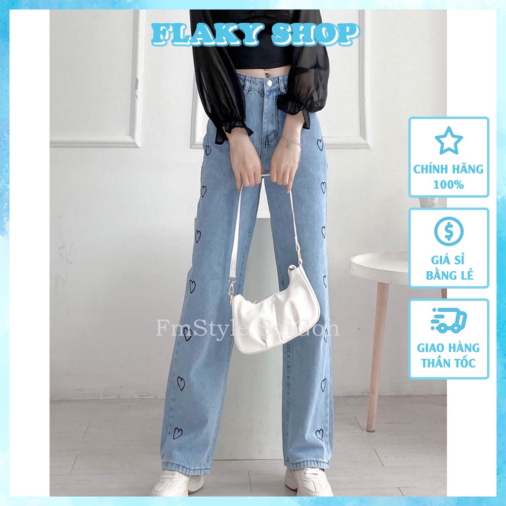 Quần jean nữ FLAKY SHOP cao cấp - Quần jean ống rộng phối hình thêu trái tim bắt mắt hàng chuẩn shop