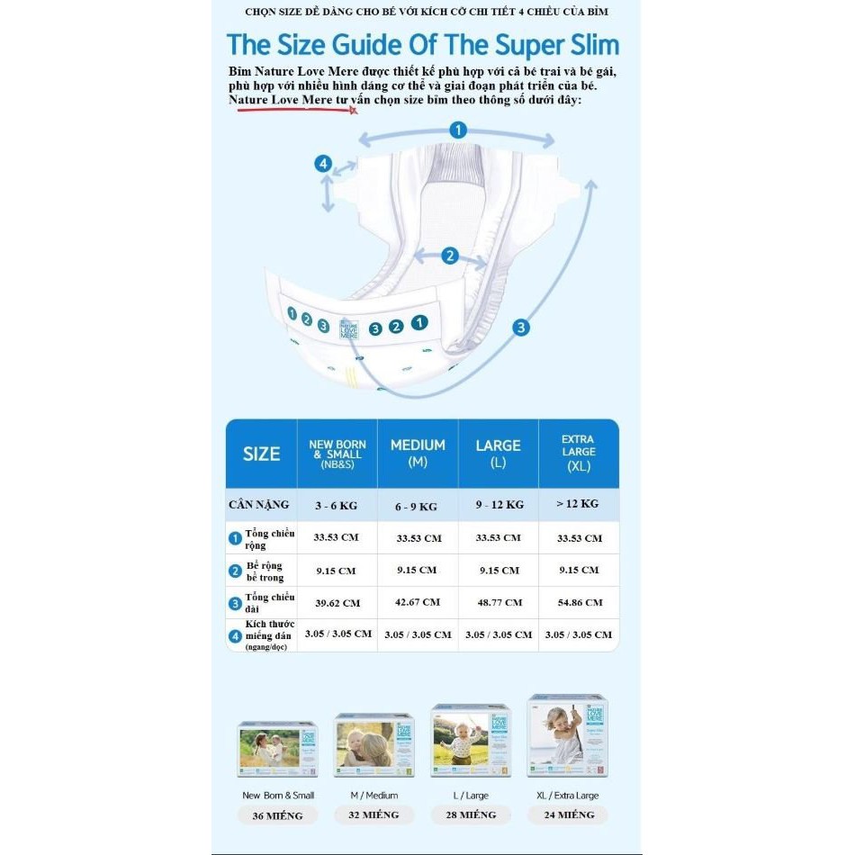 Tã/ Bỉm dán Nature Love Mere Super Slim S36/M24/L22/XL20
