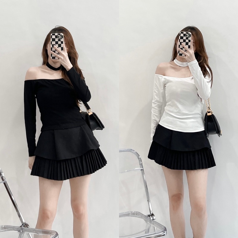 Áo thun dài tay kèm choker, Áo thun ôm body trễ vai kèm choker cùng màu Ảnh thật/ sẵn