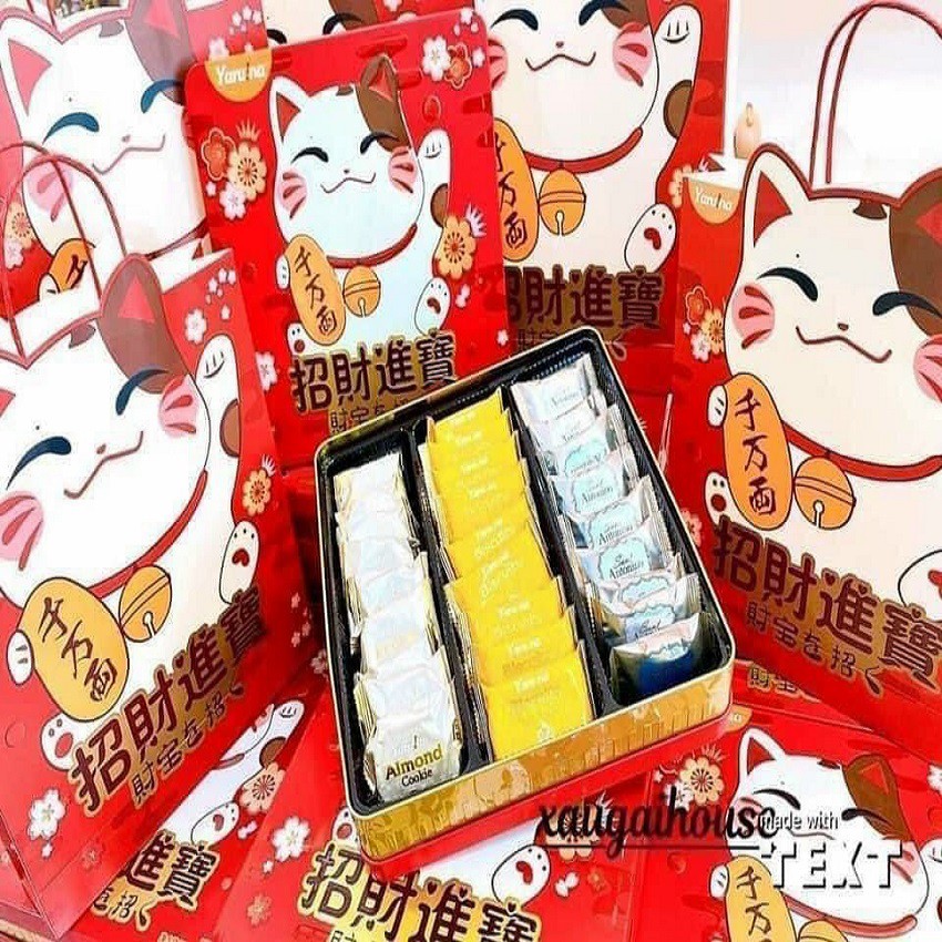 Bánh mèo thần tài❤️Bánh quy Yaruna 2 tầng đài loan hộp thiếc hình tròn, vuông siêu ngon