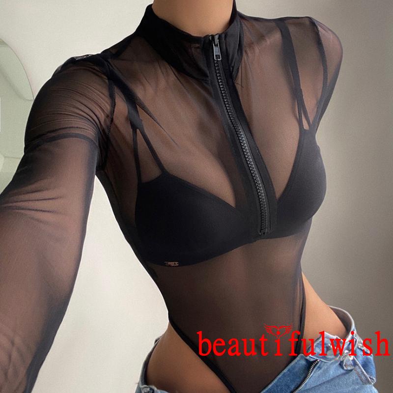 ❀EK☾Ladies Lapel Jumpsuit, Autumn Women Solid Color Mesh Perspective Long Sleeve Half Zipper Casual Bodysuit | BigBuy360 - bigbuy360.vn