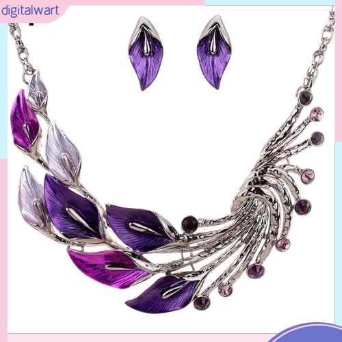 Bộ dây chuyền và khuyên tai hình lông công đính kim cương giả phong cách cổ điển