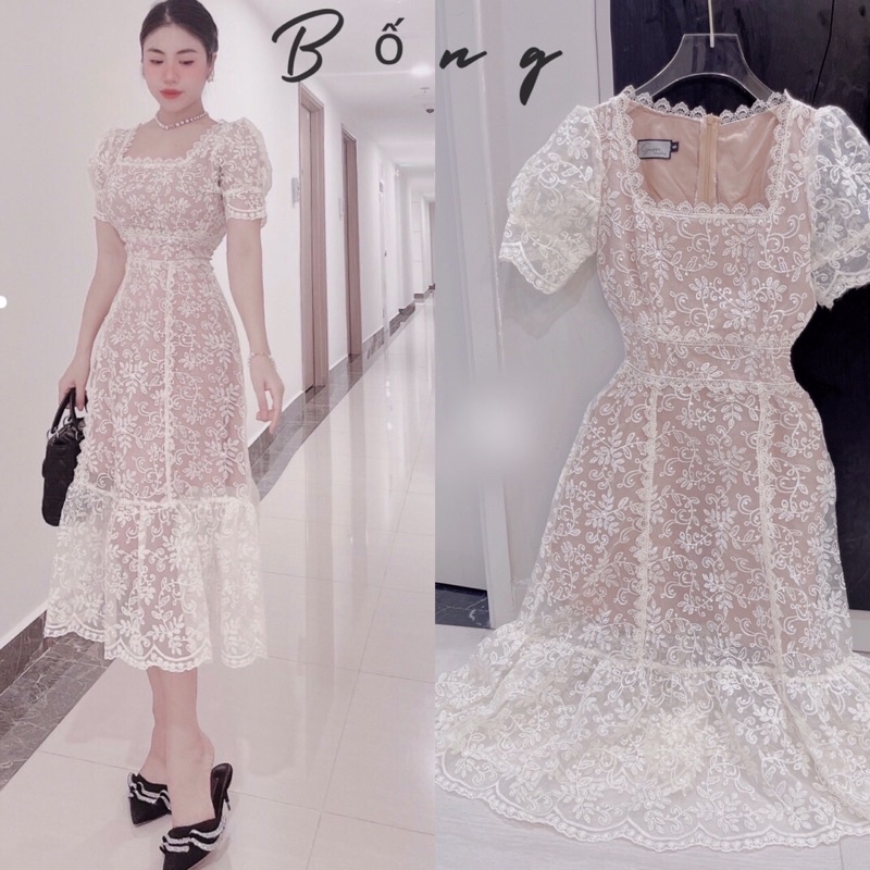 Váy ren cổ vuông tay bồng đuôi cá cao cấp - Ps