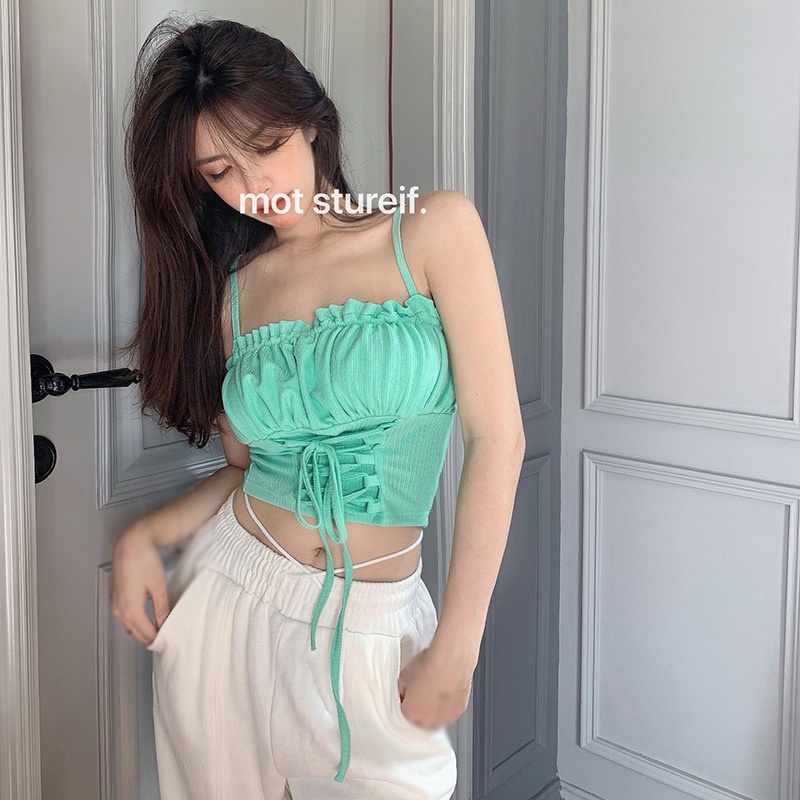 Áo dây croptop dệt kim màu sắc quyến rũ phong cách Hàn Quốc