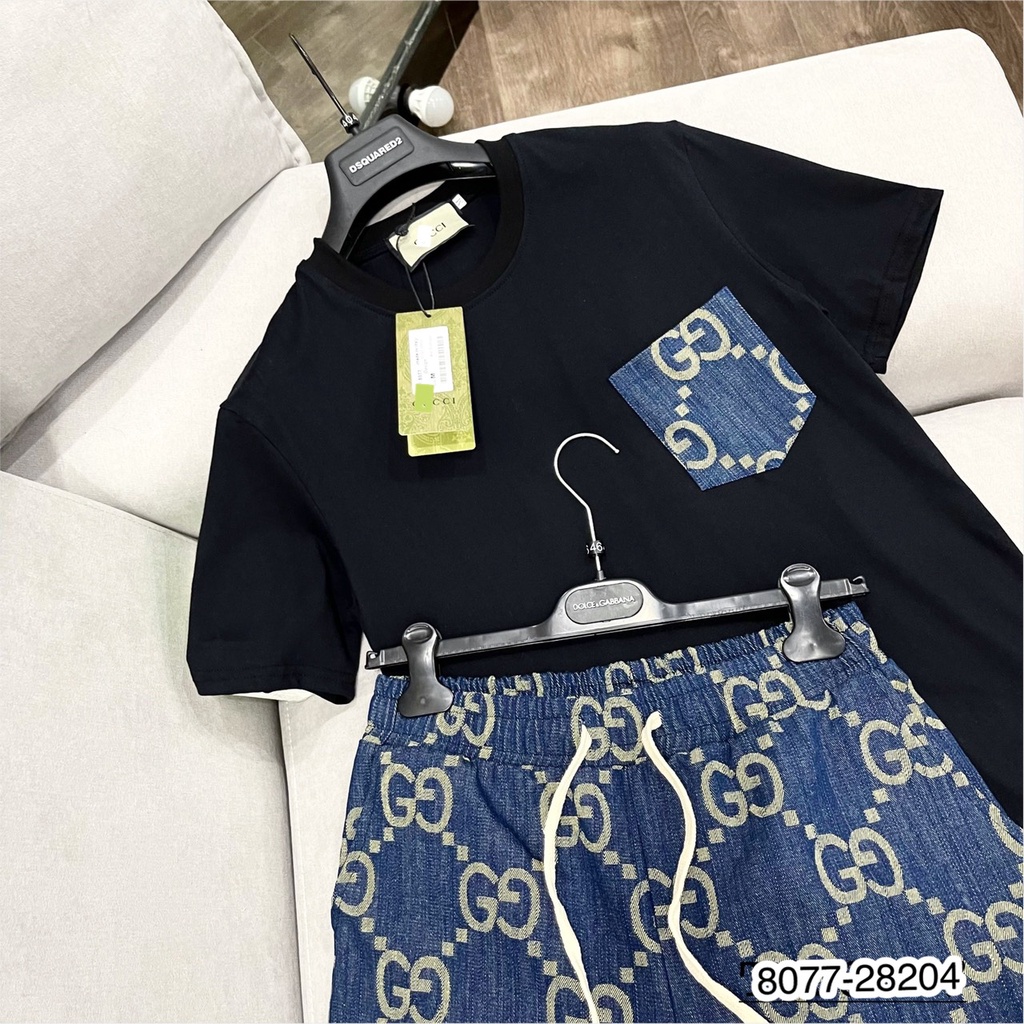 Bộ Quần Áo Nam GC Chữ thêu 100% cotton cao cấp. Bộ cộc nam GC túi ngực quần xanh thêu chữ siêu chất