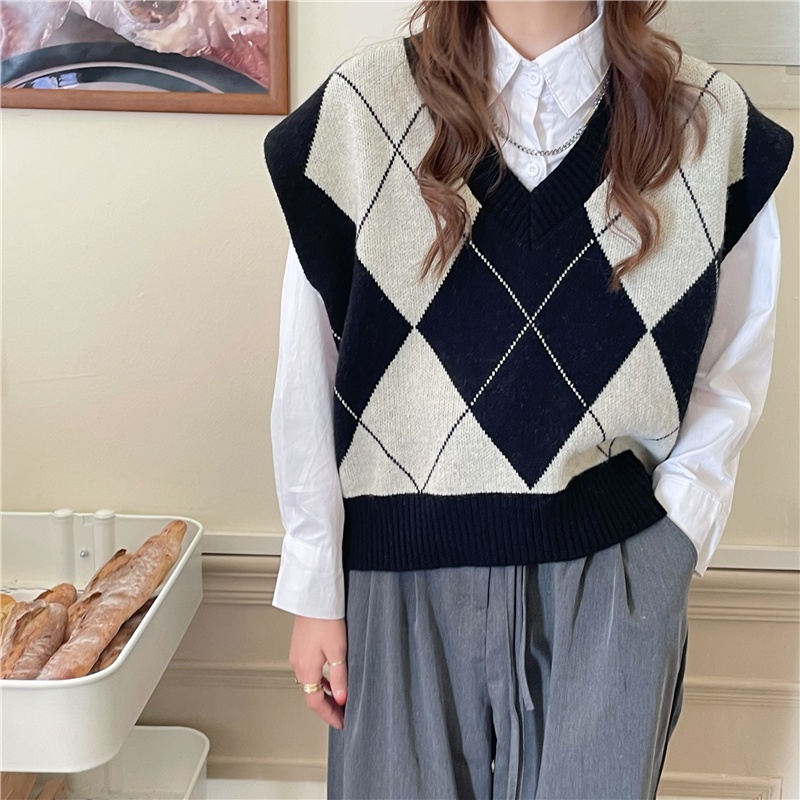 Áo khoác ghi lê dệt kim cổ chữ V dáng rộng đính kim cương cổ điển dễ phối đồ phong cách Hàn Quốc cho nữ