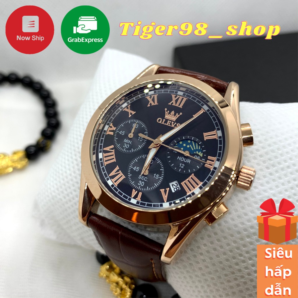 Đồng hồ nam OLEVS 2871 dây da chính hãng, đồng hồ kim chống nước, chống xước size 42 chạy full 6 kim đi kèm quà tặng