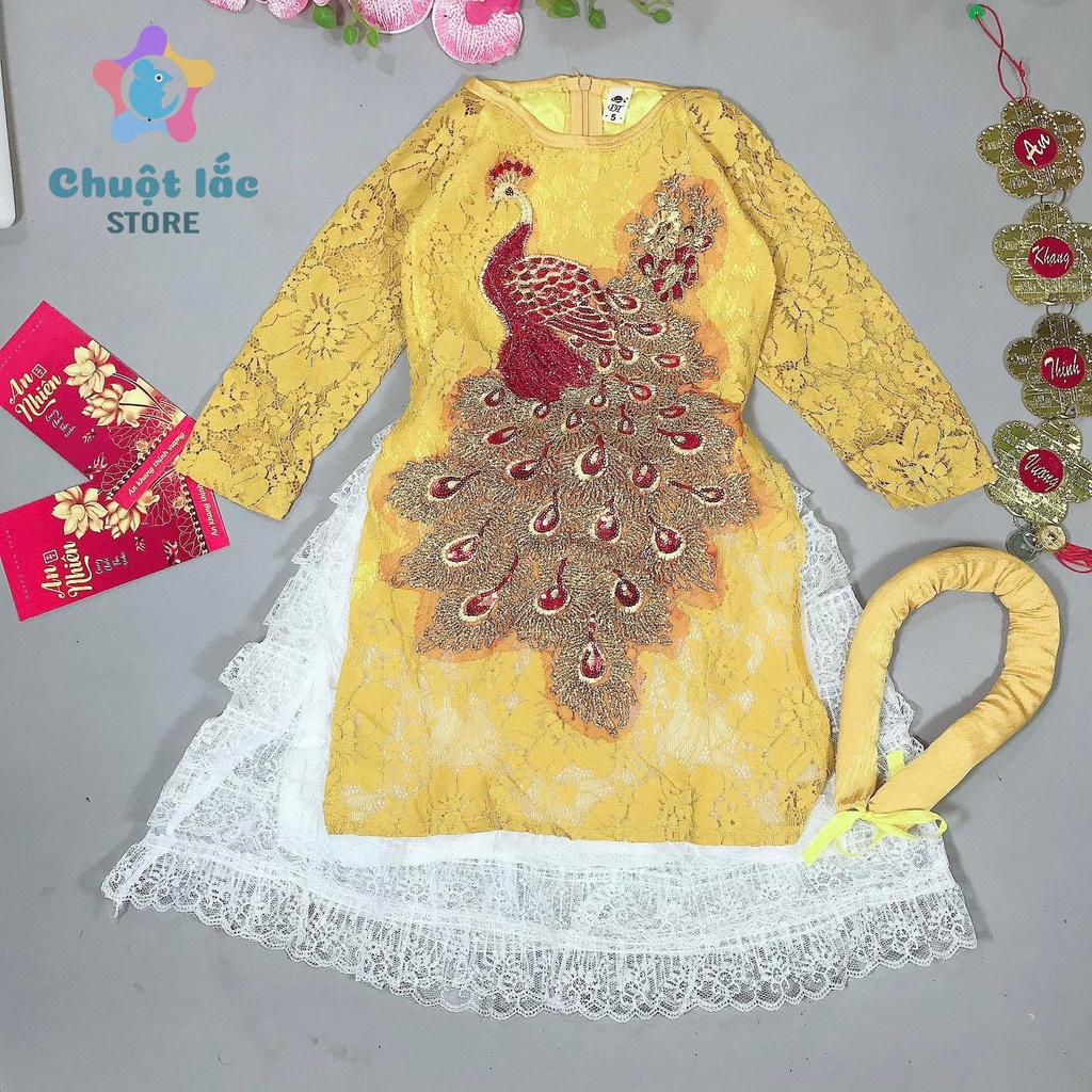 Áo Dài Cách Tân Cho Bé Gái  Mẫu Công Kim Sa Lấp Lánh 8Kg Đến 18Kg .