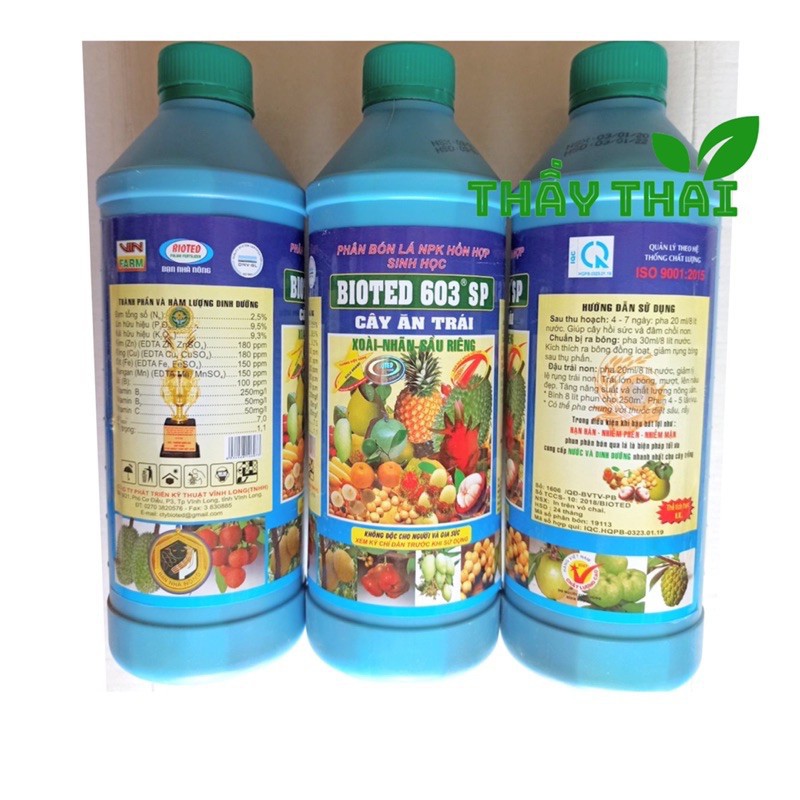 Bioted 603 cây ăn trái  Phân bón lá NPK sinh học Bioted 603 SP-RM Mận, Xoài, Sầu riêng-1 lít-Bổ sung dưỡng chất