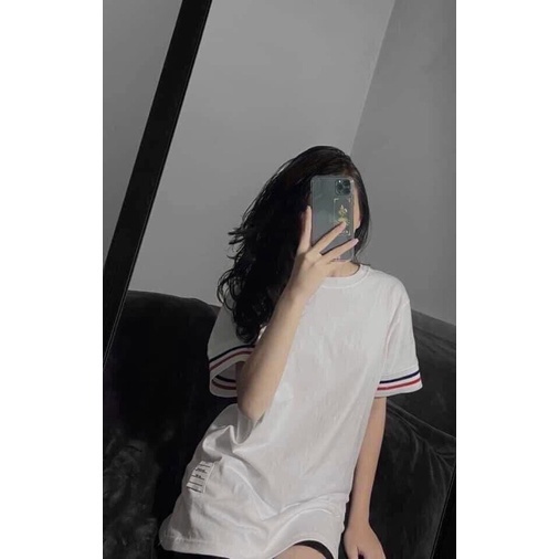 Áo phông Thom nam nữ viền tay sọc họa tiết đen đỏ MOSSSHOP - Áo thun tay lỡ unisex sọc tay quốc dân đi học đi chơi