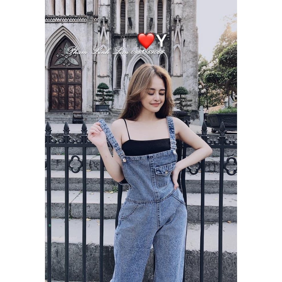 Yếm jean Nữ quần dài wash rách, phối túi nắp trước cực xinh - HOT TREND 2021