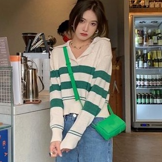 Áo Len Nữ Dài Tay Cổ Bẻ Sọc Ngang Thời Trang Hàn