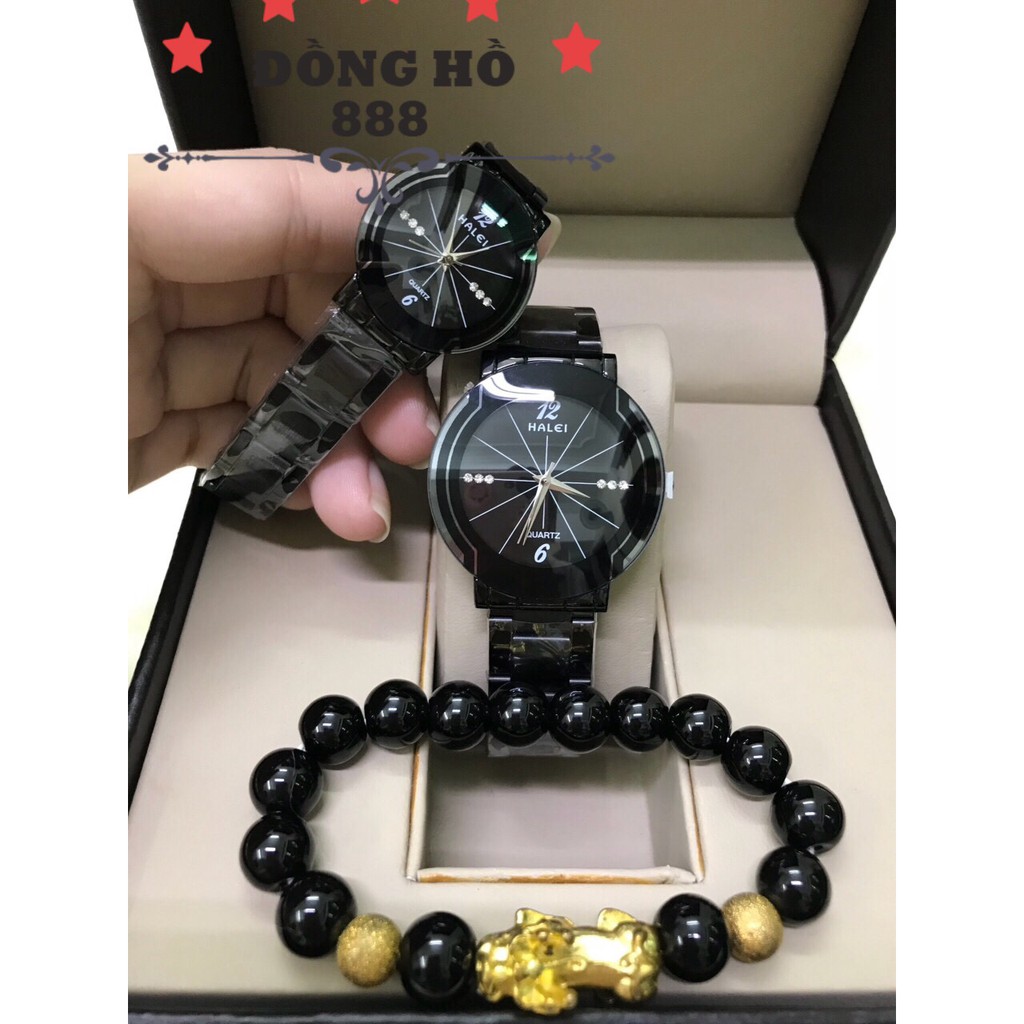 Cặp đồng hồ nam nữ HALEI dây thép- TẶNG 1 vòng tỳ hưu phong thủy