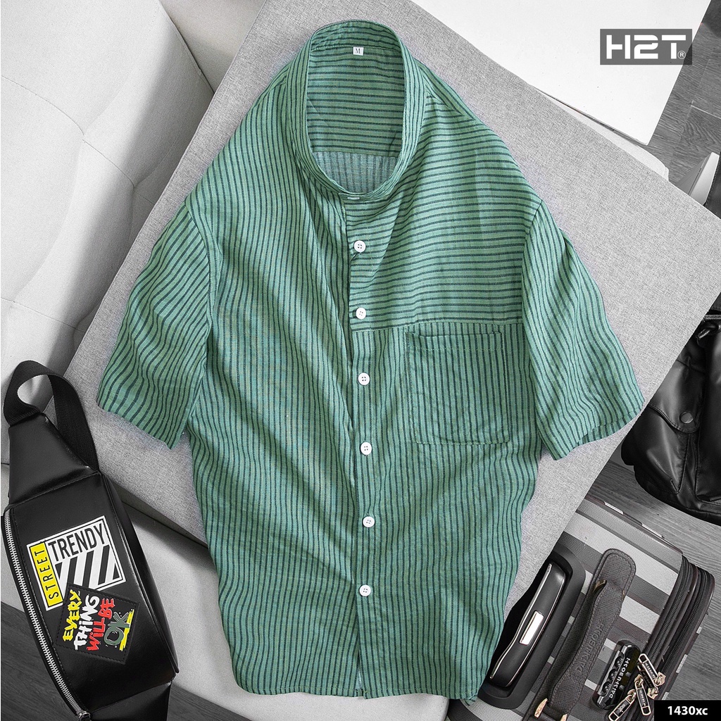 Áo Sơ Mi Nam H2T Thiết Kế Cổ Trụ, Họa Tiết Sọc Tăm, Form Relaxed Fit Vải Cotton Poly Siêu Nhẹ Thoải Mái 1430